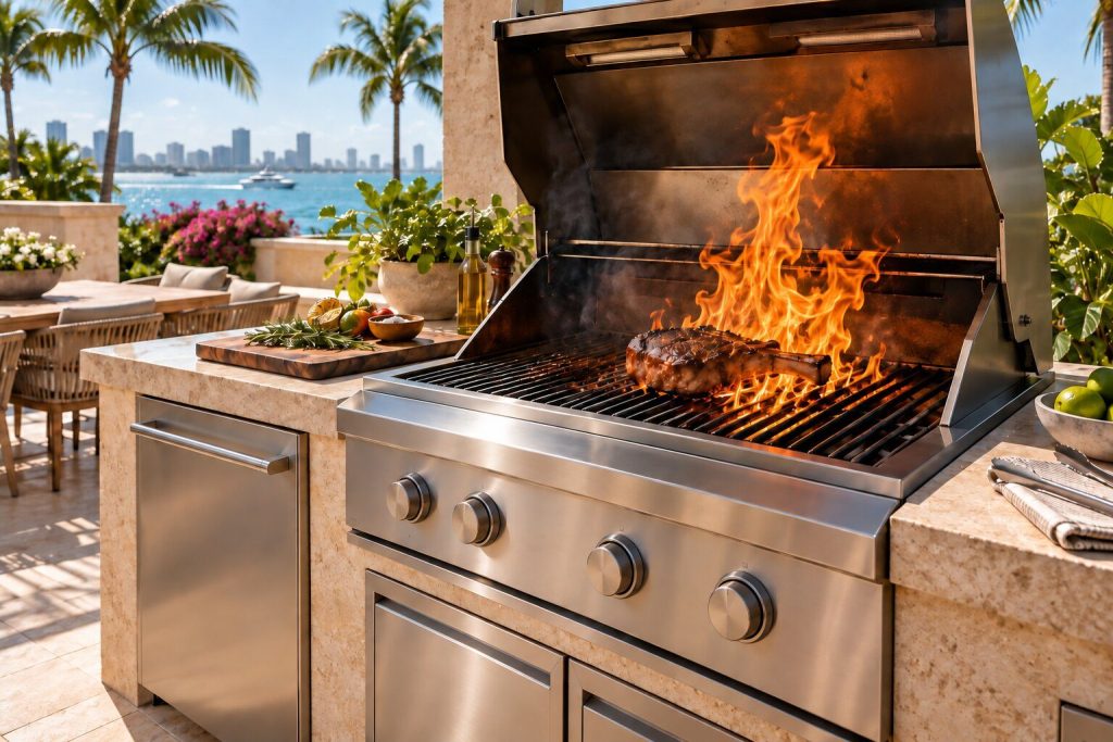 A sheet of flame rising through the grates of an open grill under a piece of meat, the hood standing open above it.
