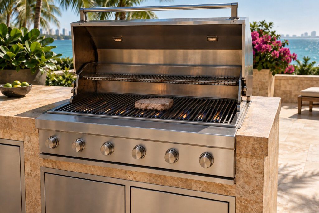 A grill running with every burner on high and the hood open over a steak that is gray rather than seared, the terrace in hard midday light.