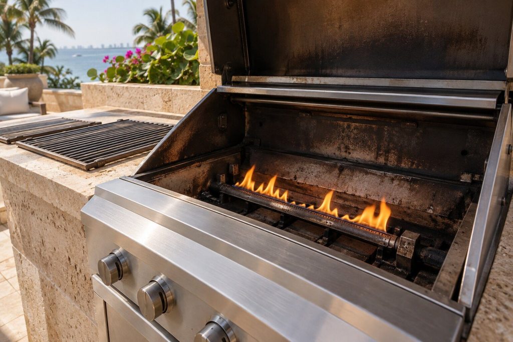 One grill burner alight with a lazy yellow-orange flame along its length, the grates lifted off beside it, the rest of the firebox dark.