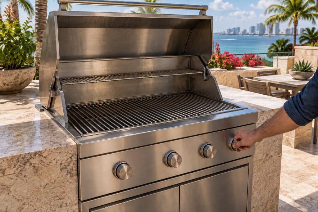 An open built-in grill with cold empty grates and a hand on one control dial, no flame under it, the terrace bright behind.