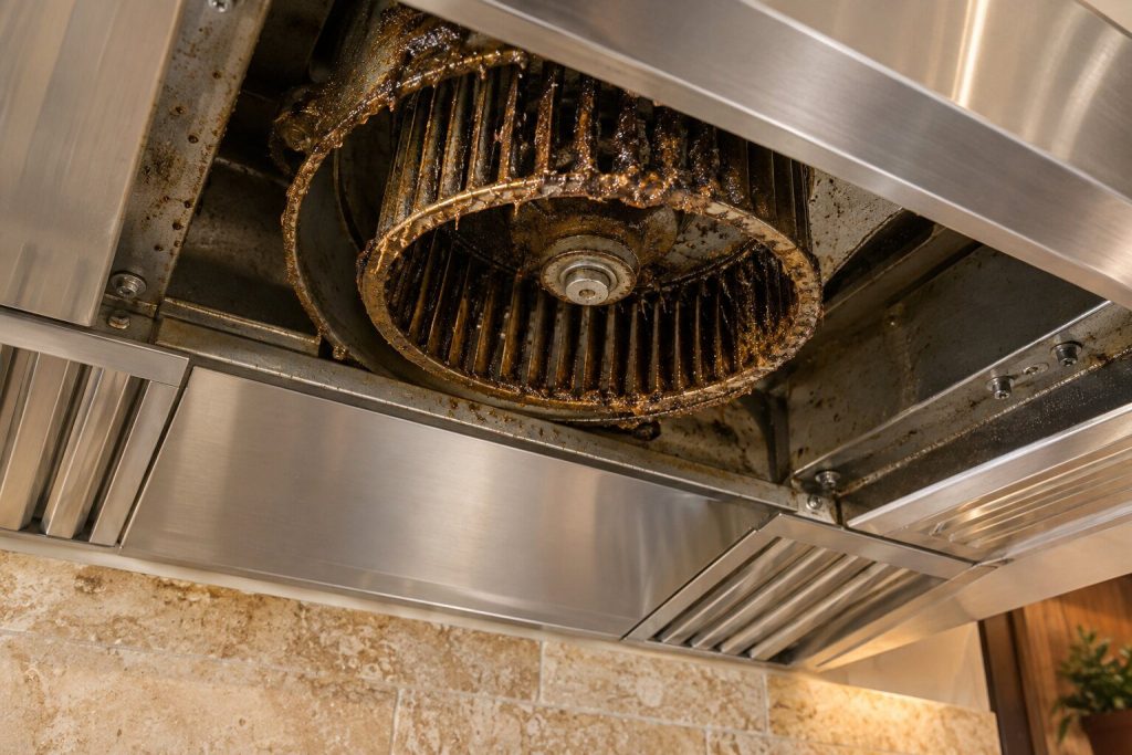 A squirrel-cage blower wheel inside an opened hood canopy, its vanes packed and uneven with old grease.