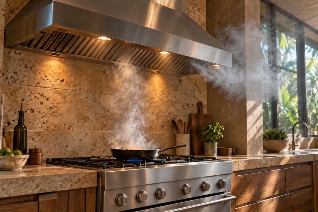 Smoke drifting out sideways from under a professional hood canopy over a pan on a range, the hood plainly running.