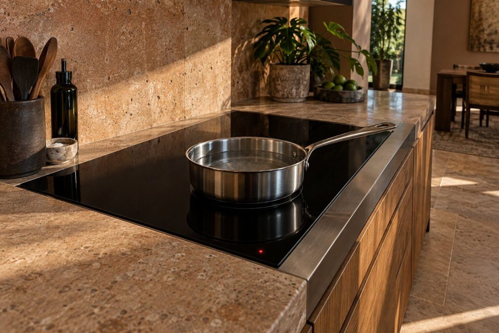 A black glass induction cooktop gone dark mid-cook with a pan of water still on it, one small indicator lamp lit at the front edge and no characters anywhere on the surface.