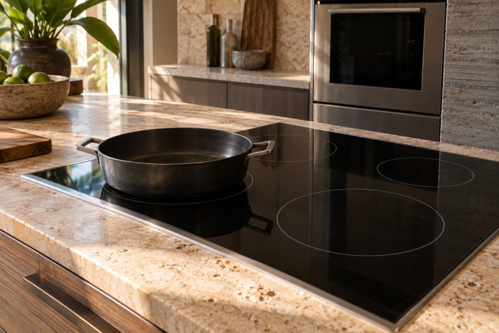 A heavy pan standing on one zone of a black glass induction top with nothing happening under it, the other zones clear and unmarked.