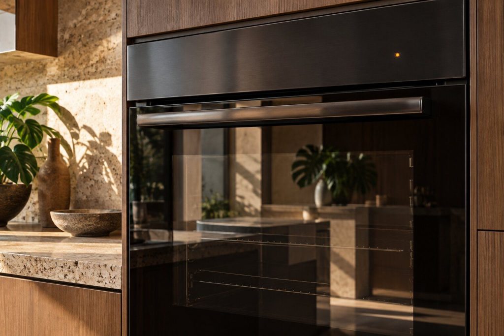 A dark oven control panel with one small amber indicator lamp lit on it and the door closed below, the bright kitchen reflected in the glass.