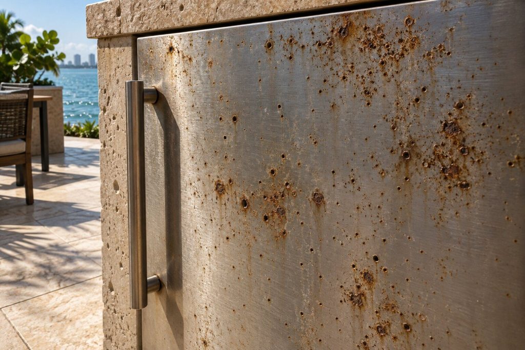 Brown pitting and rust blooming across the stainless face of an outdoor appliance door on a waterfront terrace.