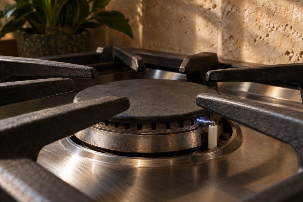 A gas range burner with its cap in place and the spark electrode beside it firing visibly, no flame anywhere on the burner.