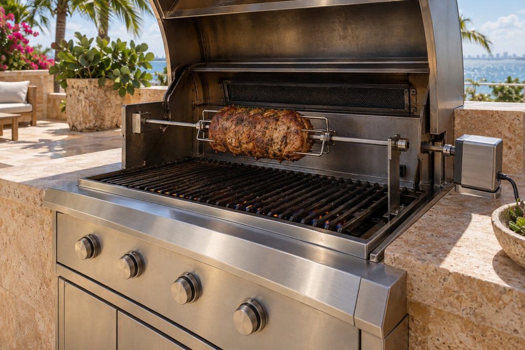 A rotisserie spit loaded and resting in its brackets over a grill firebox with the rear burner unlit, the motor end of the rod out of its socket.