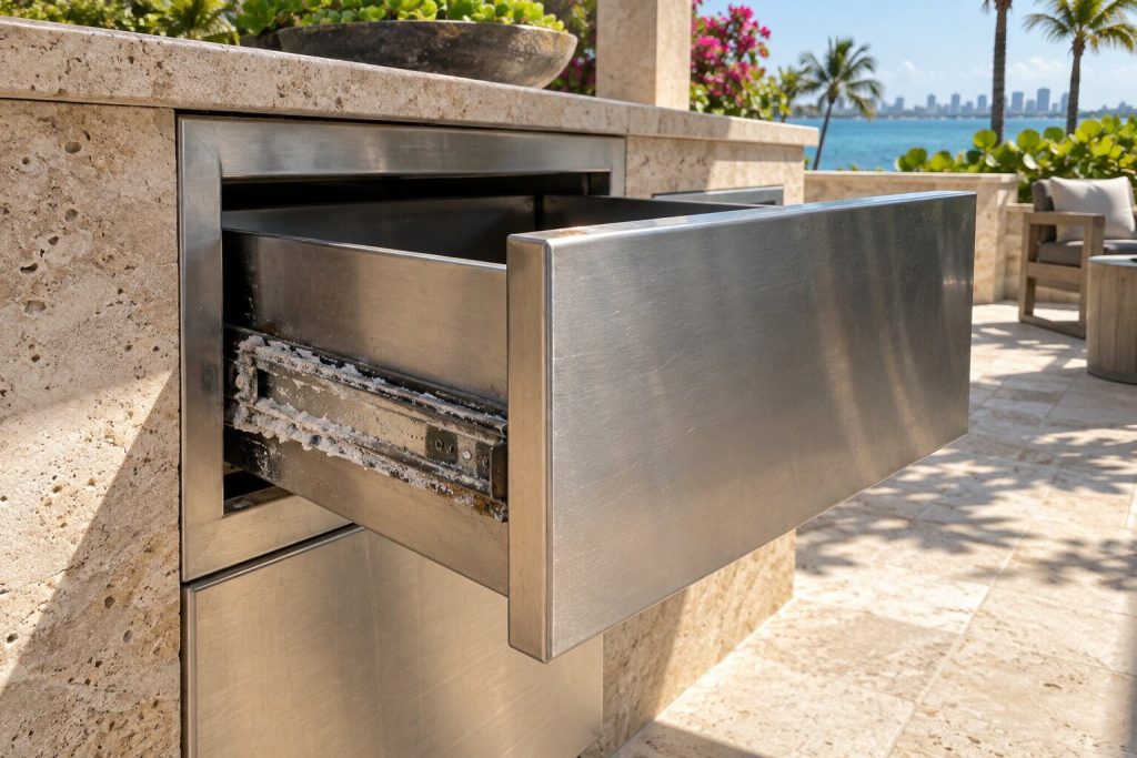 A stainless outdoor drawer pulled half out of a stone island and stuck at an angle, white salt crust visible along the runner in the gap.