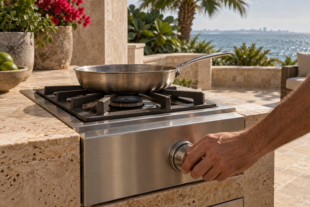 A side burner on an outdoor counter with its cap in place and no flame, a pan standing on the grate above it and a hand on the dial.