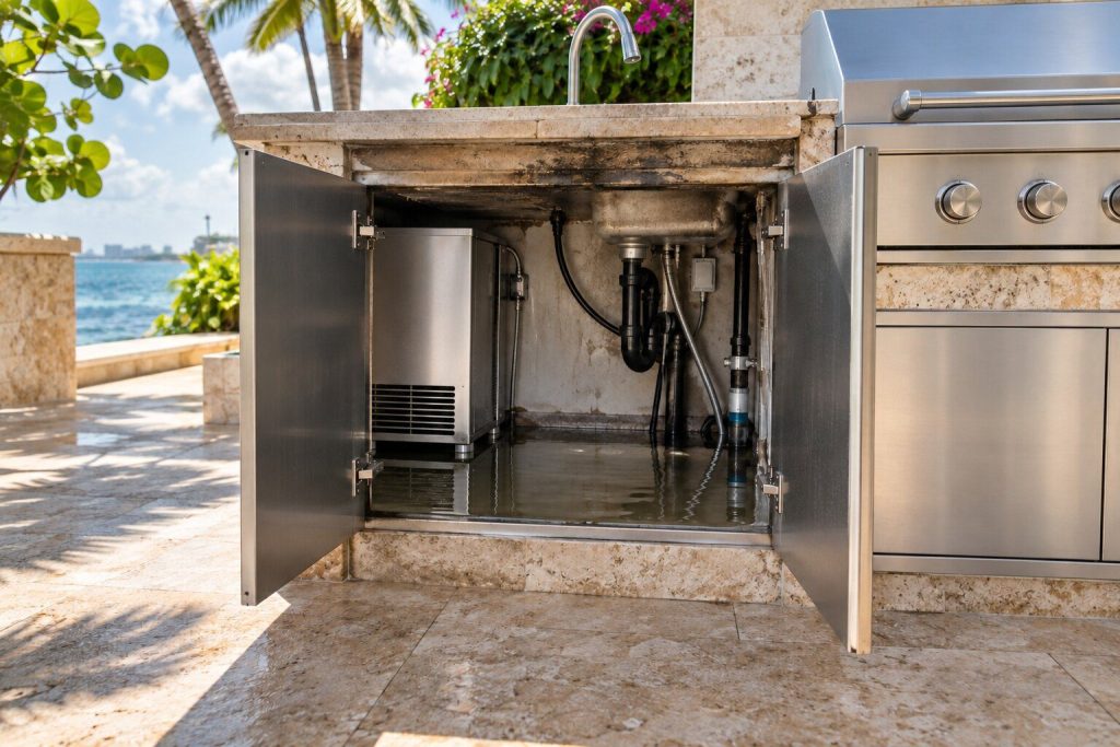An inch of standing water in the floor of an open outdoor island cabinet with the doors swung back, the underside of the counter above it dark and damp.