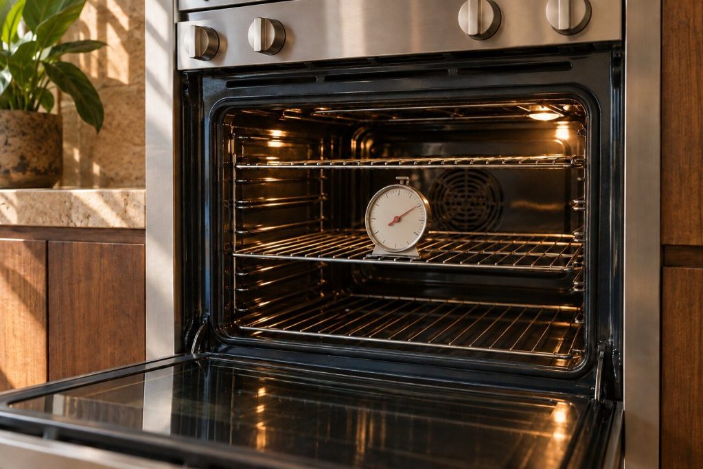 A dial oven thermometer standing on the middle rack of an open oven cavity in a bright kitchen, the racks otherwise empty.