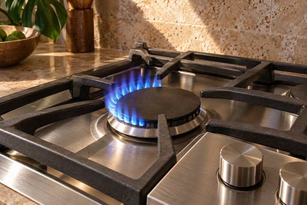 A gas cooktop burner alight with the flame tall on one side of the ring and almost absent on the other.