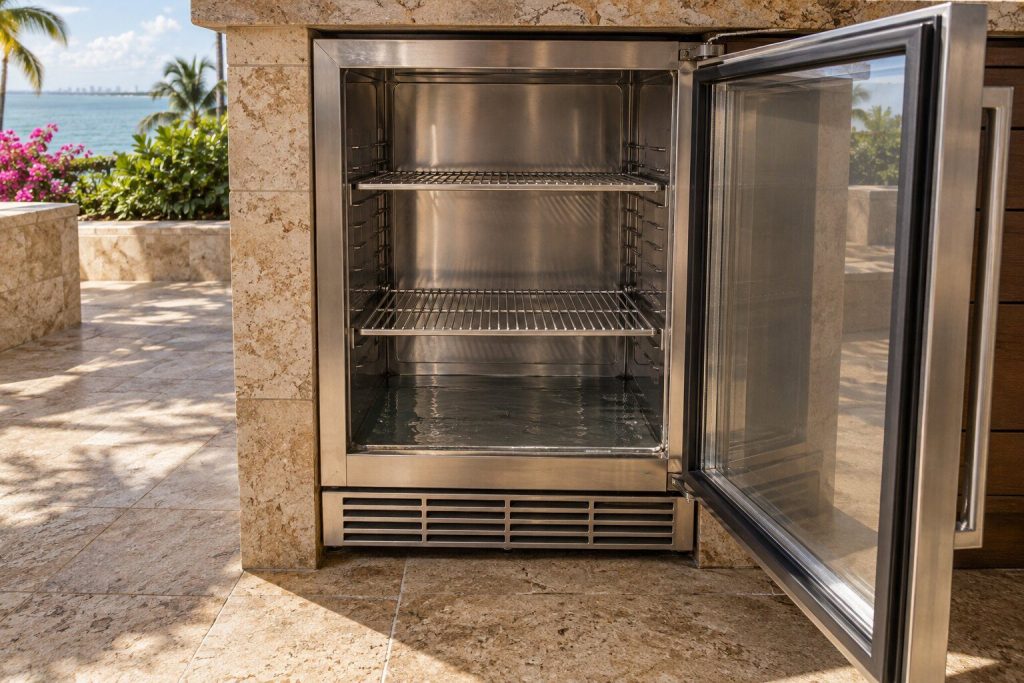 A shallow pool of water standing in the base of an outdoor beverage center under the lowest shelf, the door open and the interior otherwise empty.